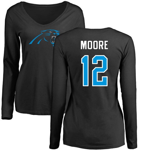 Carolina Panthers Black Women DJ Moore Name and Number Logo Slim Fit NFL Football #12 Long Sleeve T Shirt->nfl t-shirts->Sports Accessory